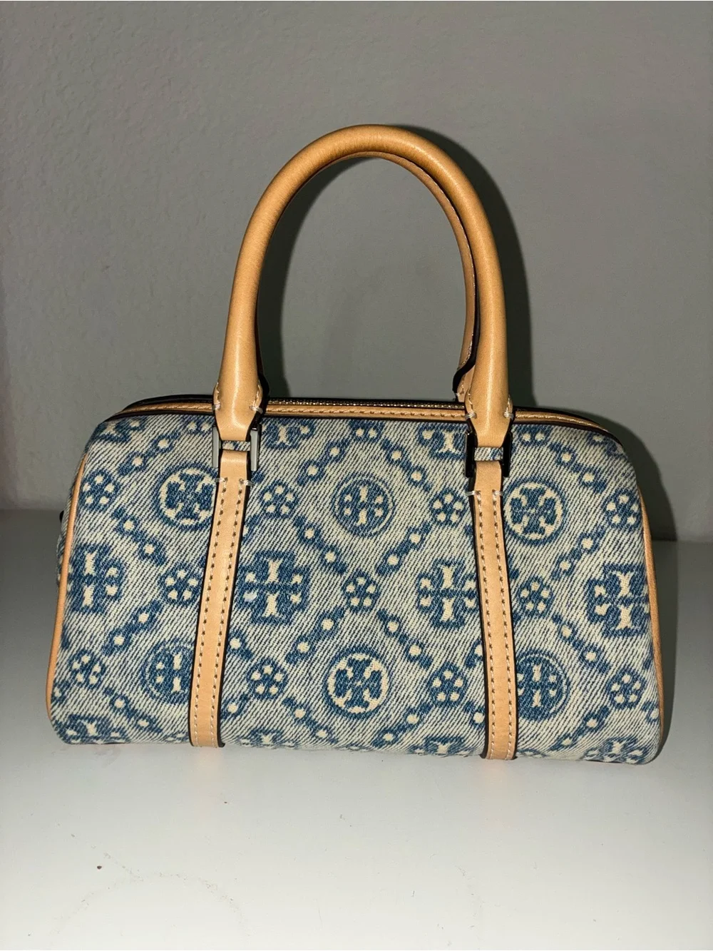 Tory Burch Blue Monogram Denim Mini Satchel with Tan Handles